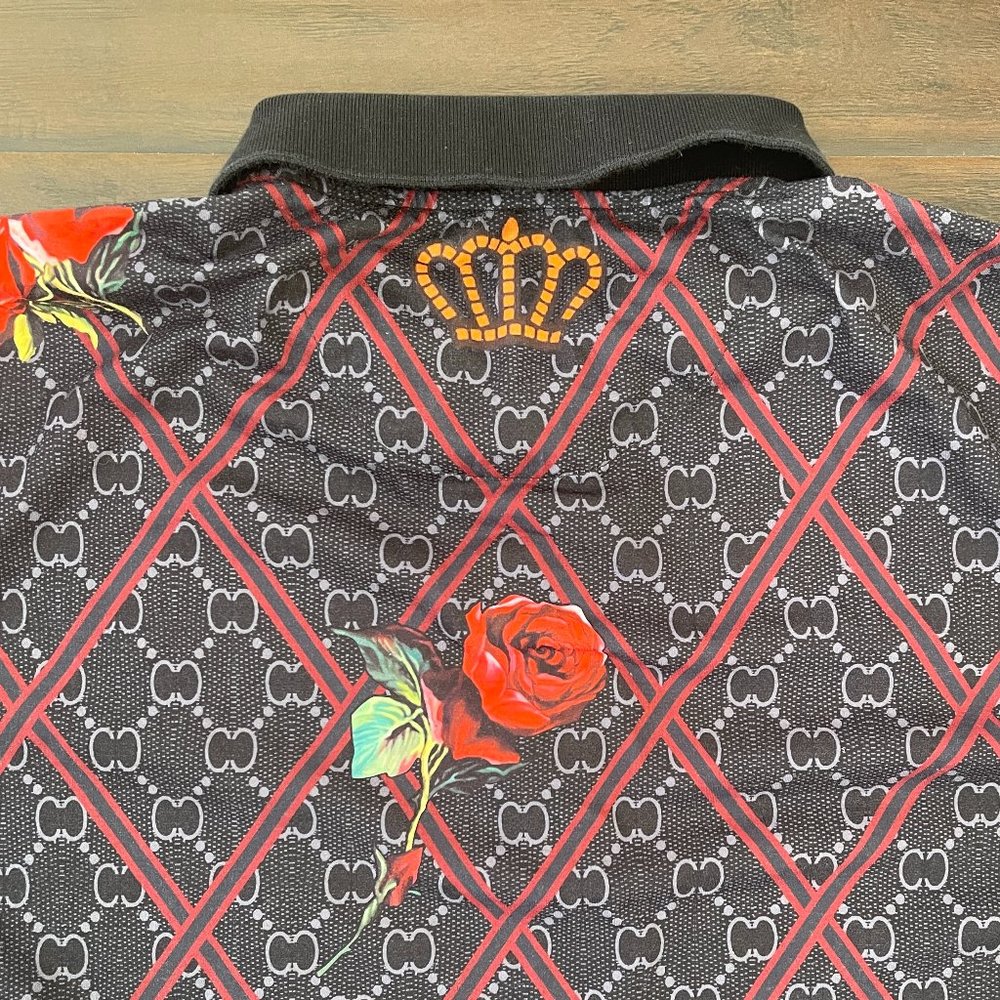 Pavini Men's Polo Shirt Black Short Sleeves Red Roses Crown Size XL - Picture 4 of 9